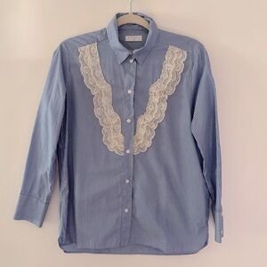 Sandro Blue Striped Shirt with Lace Detail 40